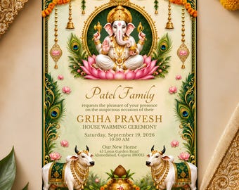 Indian Housewarming Invitation, Griha Pravesh Invite, Lord Ganesha, Hindu Housewarming Ceremony, Editable Canva Template