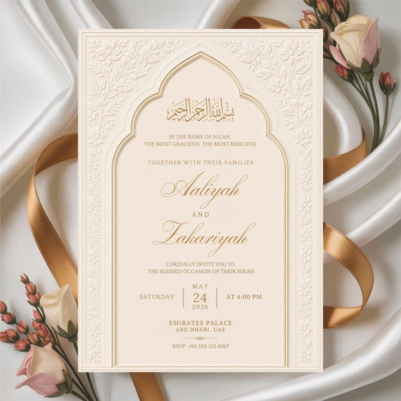 Luxury Muslim Wedding Invitation Template, Editable Nikah Invite, Ivory Arch Canva Design