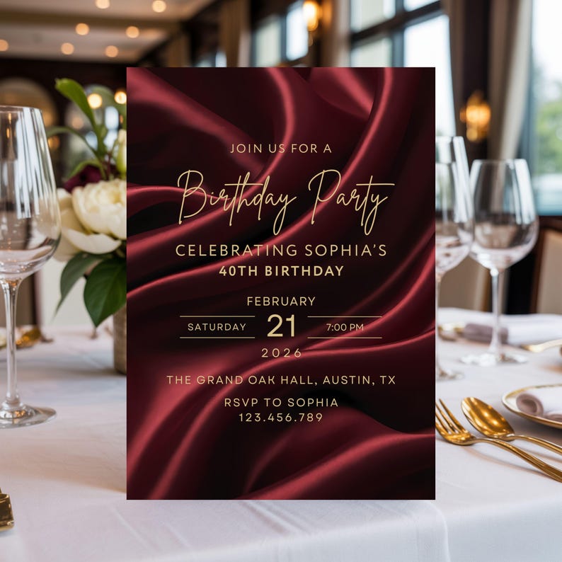 Burgundy silk birthday invitation with gold text styled on elegant restaurant table setting