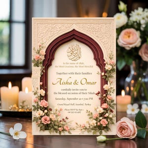 Burgundy and gold Nikah invitation template displayed with candles, flowers and romantic Islamic wedding styling.