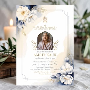 May include: A memorial card with a photo of a woman, floral watercolor accents, and text. The card includes the name Amrit Kaur, birth and death dates, and memorial service details. The design features white and blue flowers.
