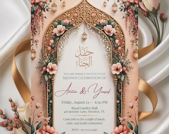 Invitación con arco floral dorado de mehndi: diseño árabe islámico (plantilla editable de Canva)