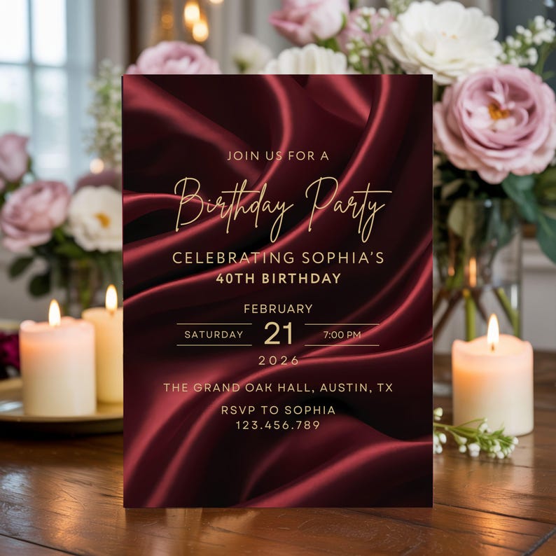 Elegant burgundy silk birthday invitation with gold text styled on table with candles and flowers