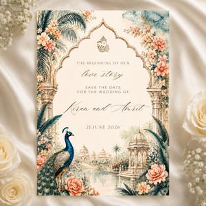May include: A rectangular wedding save the date card featuring an arched frame, a peacock, and architectural structures. Text reads: The beginning of our love story, Save the date for the wedding of Kiran and Amrit, 21 June 2026.
