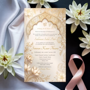 Könnte beinhalten: Beige Einladungskarte mit goldenen Blumenmustern und Text in Englisch und Punjabi. Sie kündigt einen Sukhmani Sahib Path zur Feier des 16. Geburtstags von Simran Kaur Thiara an, einschließlich Veranstaltungsdetails.