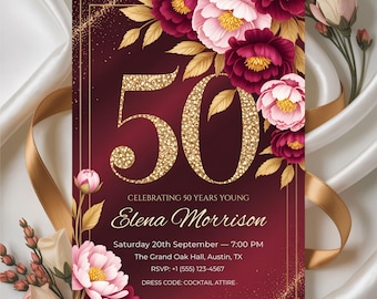 Invitación floral de lujo para 50.º cumpleaños: Elegante burdeos y dorado con flores (plantilla Canva de 13 x 18 cm)