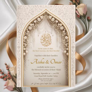 May include: A cream and gold wedding invitation with an ornate design. The invitation features an archway with floral details and Arabic script. It includes the names Aisha & Omar, event details, and RSVP information.