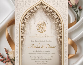Elegant Islamic Wedding Invitation: Gold Arabic Calligraphy (Canva Template)