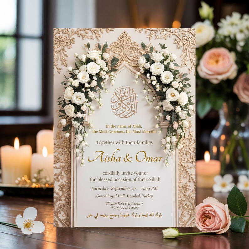 Luxury Nikah wedding invitation displayed with candles and roses, featuring gold Islamic arch and floral design.