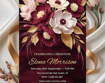 Elegante plantilla de invitación floral en burdeos y dorado, diseño de lujo en Canva para cumpleaños, aniversario o hitos.