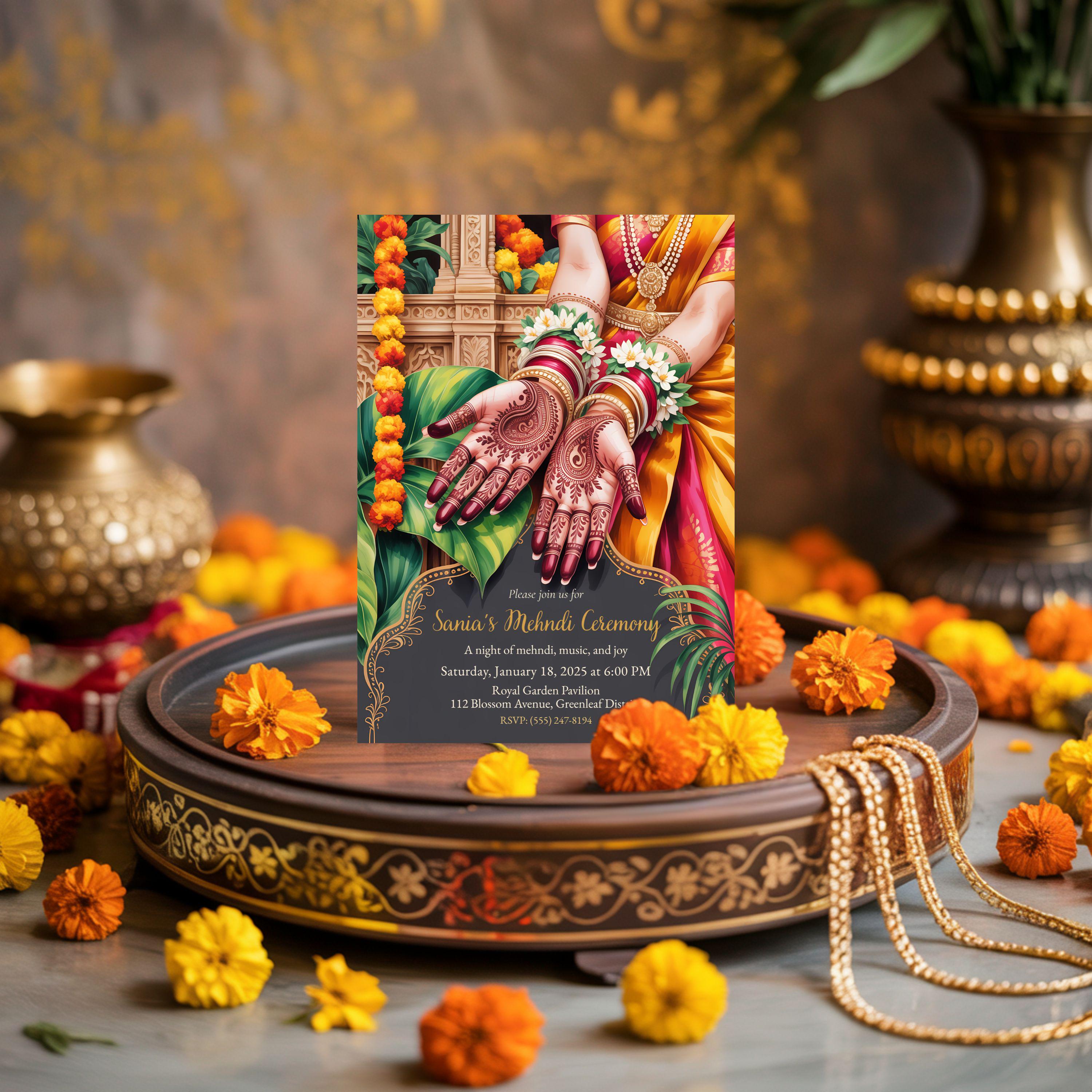 Inviting Hand Design Luxury Mehndi Invitation: Henna Hands & Marigold Decor, Indian Canva ...
