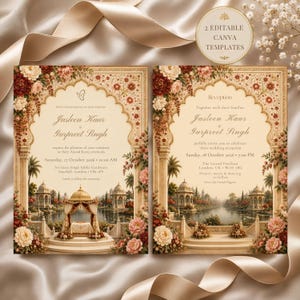 May include: Two wedding invitation templates featuring an arched frame with floral borders in shades of red, pink, and cream. The designs include a central pavilion illustration, elegant script text, and the label 2 Editable Canva Templates.