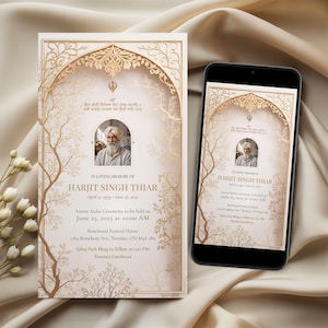 Pode incluir: Um cartão de memória e um smartphone exibem um design com um retrato de Harjit Singh Thiar. O cartão apresenta elementos decorativos dourados, texto e as datas 12 de abril de 1979 - 06 de junho de 2025. O smartphone mostra o mesmo design.