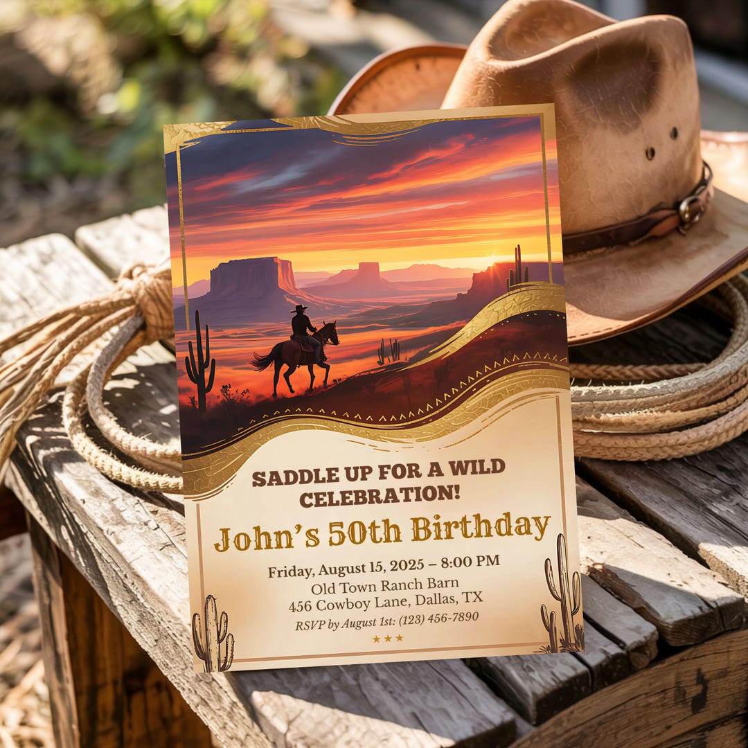 Rustic Western 50th Birthday Invitation: Cowboy Sunset & Desert Cactus ...