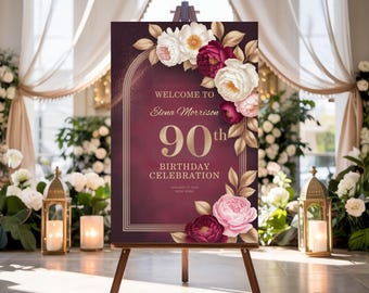 Luxury Floral 90th Birthday Welcome Sign, Editable Canva Template (24x36" & 18x24" Printable)