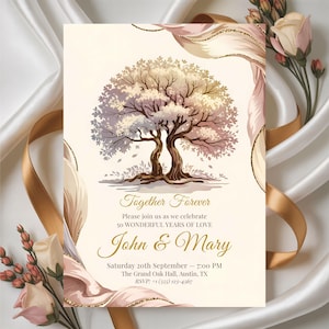 Può includere: Un biglietto d'invito con un'illustrazione di un albero, dettagli dorati e testo. Il testo recita "Together Forever" e annuncia una celebrazione del 50° anniversario per John & Mary. Il biglietto include data, ora e luogo.