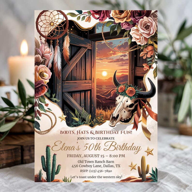 Rustic Western 50th Birthday Invitation: Cow Skull Sunset (canva ...