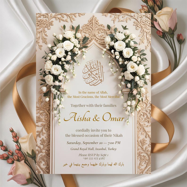 Elegant Islamic Nikah invitation with gold arch, white florals and Arabic calligraphy for Aisha & Omar wedding.