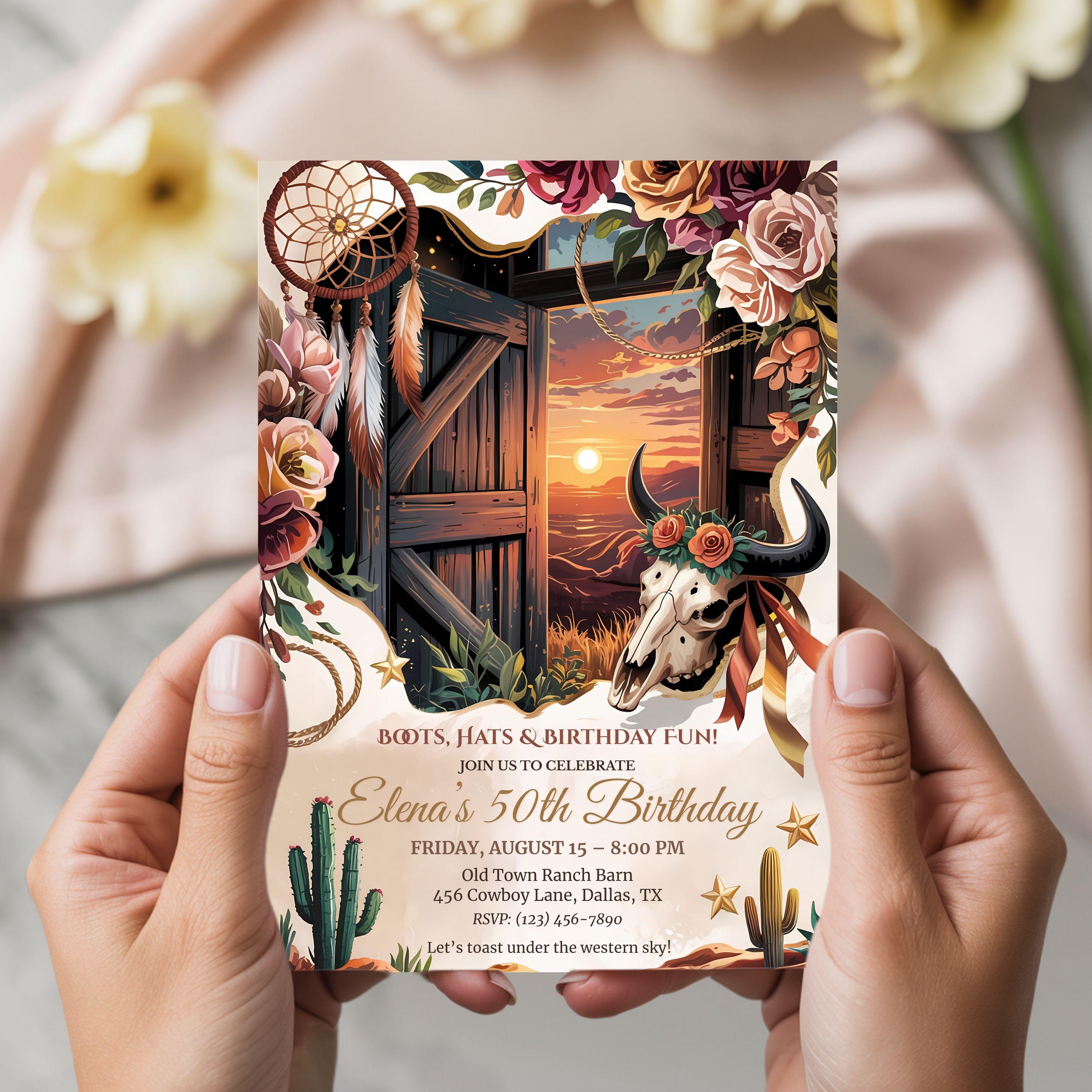 Rustic Western 50th Birthday Invitation: Cow Skull Sunset (canva ...
