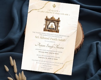 Inbjudan till Sri Akhand Paath Sahib – Inbjudan till sikhisk religiös ceremoni, redigerbar Canvas-mall, 5x7-tryck och digitalt för mobilen