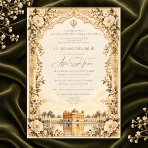 Convite Sri Akhand Path Sahib, cerimônia Sikh Bhog, floral dourado marfim, modelo Canva editável