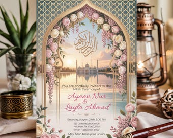 Elegant Islamic Nikah Invitation: Bismillah Mosque Canva Template (Digital Download)
