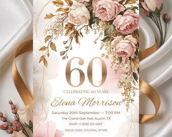 Invito di lusso per il 60° compleanno con fiori: design modificabile con effetto fard e oro con fiori (modello Canva 5x7")