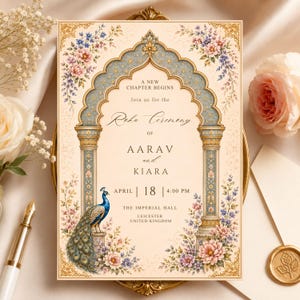 May include: An ornate invitation card with a cream background, featuring a decorative archway in teal and gold, and floral accents. The card announces a Roka Ceremony for Aarav and Kiara, with the date and time displayed. A peacock illustration is also present.