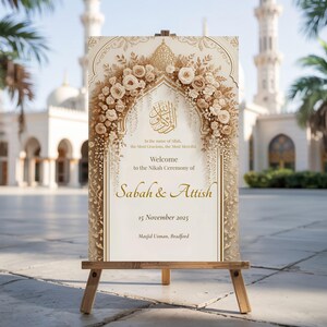 Islamic Nikah welcome sign with gold floral arch on a wooden easel in a bright mosque courtyard.