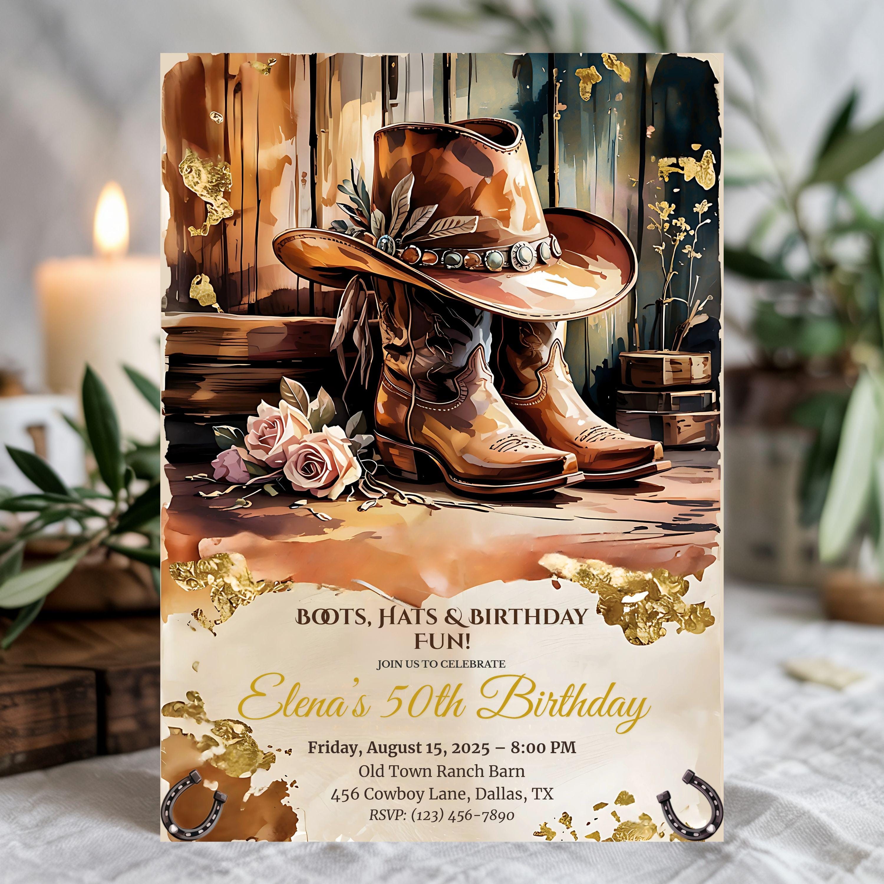 Rustic Western 50th Birthday Invitation: Cowgirl Boots, Hat & Roses ...