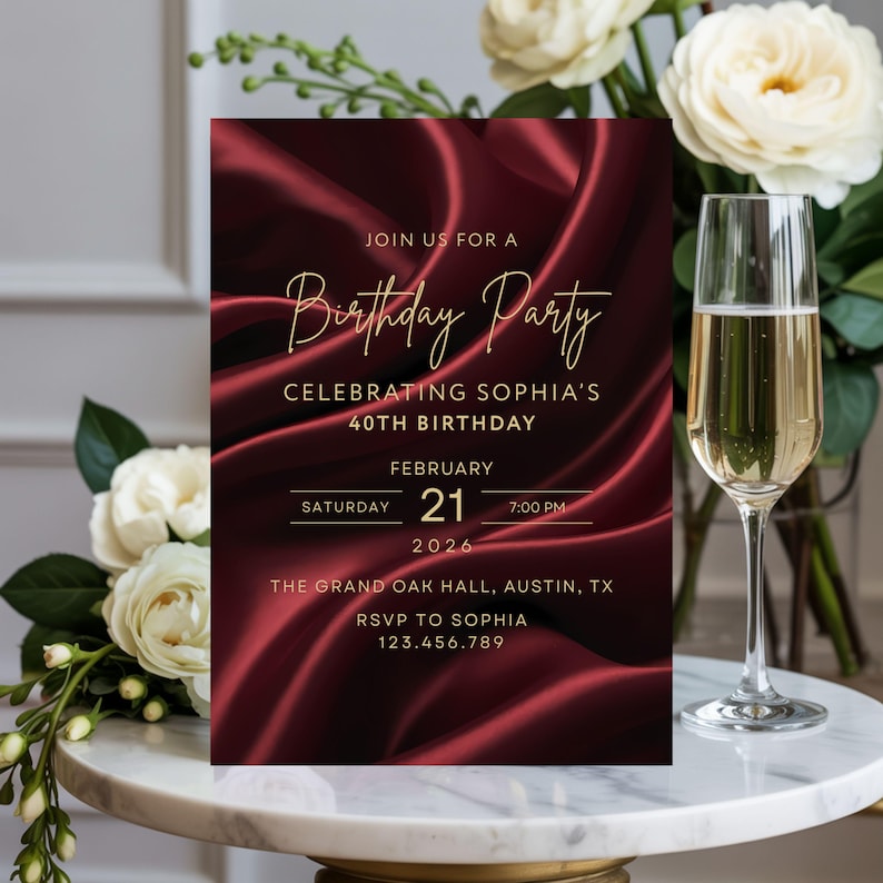 Luxury burgundy silk birthday invitation with gold lettering styled beside champagne glass and flowers