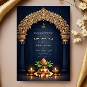May include: A navy blue invitation card with gold detailing. The design includes a gold arch and pillars, with text in gold. The card announces an Upanayanam ceremony for Arjun Sharma, with the date, time, and location details in Birmingham, UK.