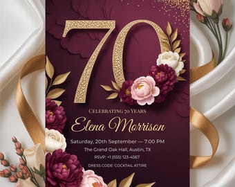 Luxury Floral 70th Birthday Invitation: Burgundy & Gold Design with Flowers (5x7" Canva Template)