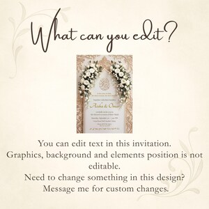 May include: A wedding invitation with the text "What can you edit?" in a decorative font. The invitation features floral arrangements and the names "Aisha & Omar". The text indicates that the text is editable.