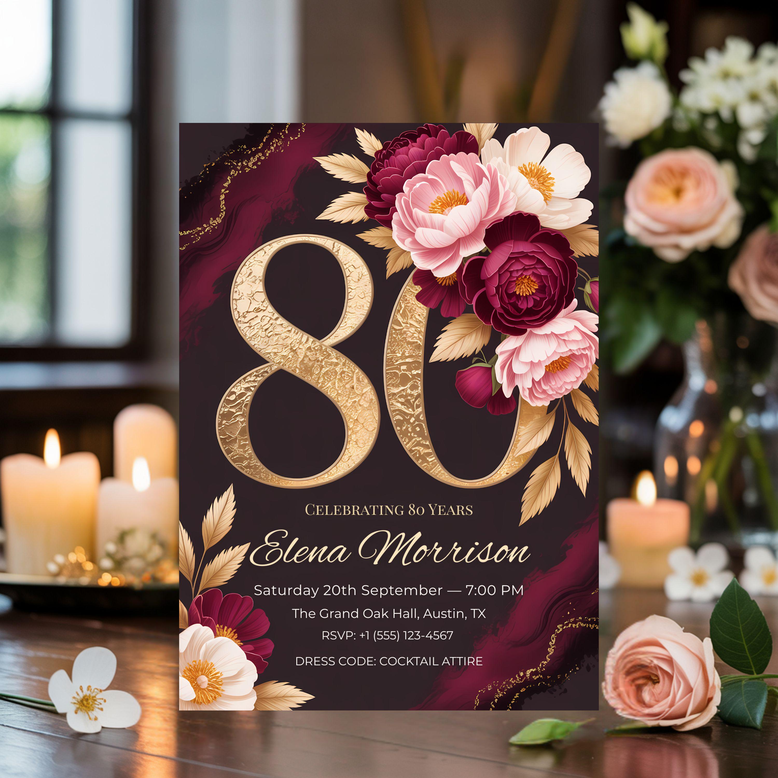Luxury Floral 80th Birthday Invitation Elegant Burgundy Gold With luxury-floral-80th-birthday-invitation-elegant-burgundy-gold-with