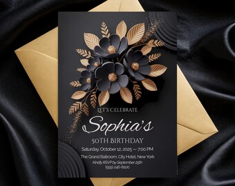 May include: Black and gold birthday invitation with floral design. The invitation reads "Let's Celebrate Sophia's 50th Birthday" with event details. Includes a gold envelope on a black satin background.