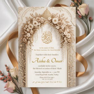 May include: A cream and gold wedding invitation featuring a floral arch design. The invitation includes the names "Aisha & Omar" and event details. The text is in English and Arabic.