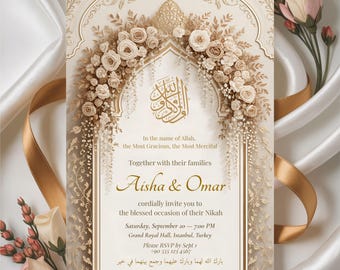 Elegant Islamic Wedding Invitation: Arabic Calligraphy Canva Template (5x7" Digital Download)