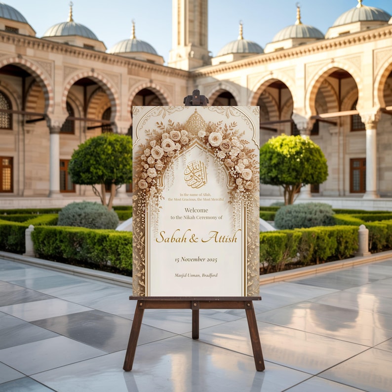 Elegant Nikah Welcome Sign with gold floral arch displayed on a wooden easel in a Turkish mosque courtyard — beige and gold Islamic wedding decor template for Canva.