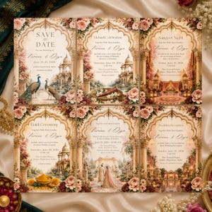 May include: A set of six wedding invitation cards featuring ornate archways, floral borders, and palace illustrations. The text includes Save the Date, Mehndi Celebration, Sangeet Night, Haldi Ceremony, and Wedding Reception for Vivaan and Diya.