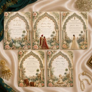 May include: A collection of intricately designed wedding invitations. Each card features an archway design with floral and architectural elements, and text. The color palette includes soft greens, creams, and pinks, with illustrations of couples, peacocks, and buildings.