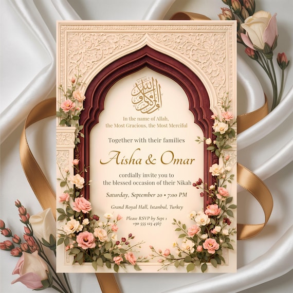 Elegant Islamic Nikah Invitation Template, Burgundy Gold Floral Arch Wedding Invite, Canva Template 5x7