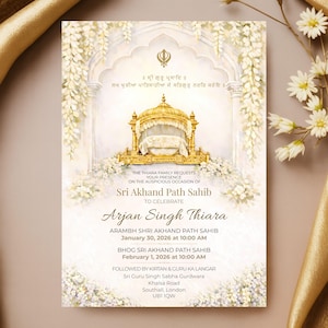 May include: A gold and white invitation card. It features a golden structure with a white canopy, surrounded by floral accents. The card includes text detailing the Sri Akhand Path Sahib event, with names and dates.