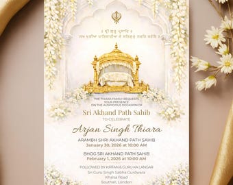 May include: An invitation card with a gold and white design. The card features a golden structure with a white canopy, surrounded by floral accents. Text includes event details for Sri Akhand Path Sahib, with names and dates.
