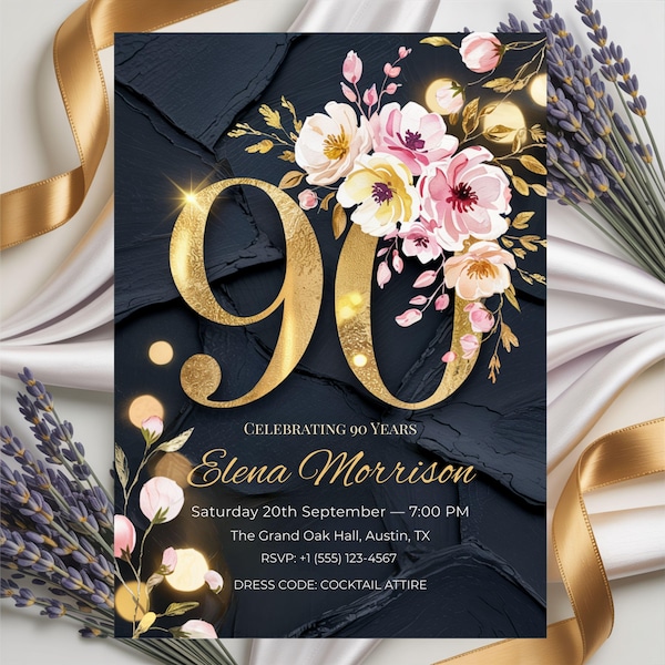 Luxury Floral 90th Birthday Invitation: Elegant Black & Gold with Flowers (5x7" Canva Template)