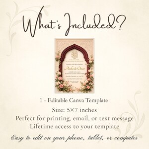 May include: An invitation template with a floral design, featuring the names Aisha & Omar. The invitation is 5x7 inches and includes the text "What's Included?" and "Easy to edit on your phone, tablet, or computer."