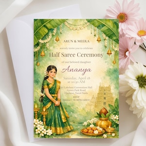 Può includere: Invito per una cerimonia del mezzo sari. La carta presenta un'illustrazione ad acquerello di una donna in sari verde, con il testo "ARUN & MEERA vi invitano calorosamente a celebrare la cerimonia del mezzo sari della nostra amata figlia Ananya".