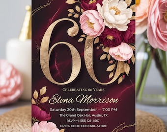 Luxury Floral 60th Birthday Invitation: Elegant Burgundy & Gold with Flowers (5x7" Canva Template)