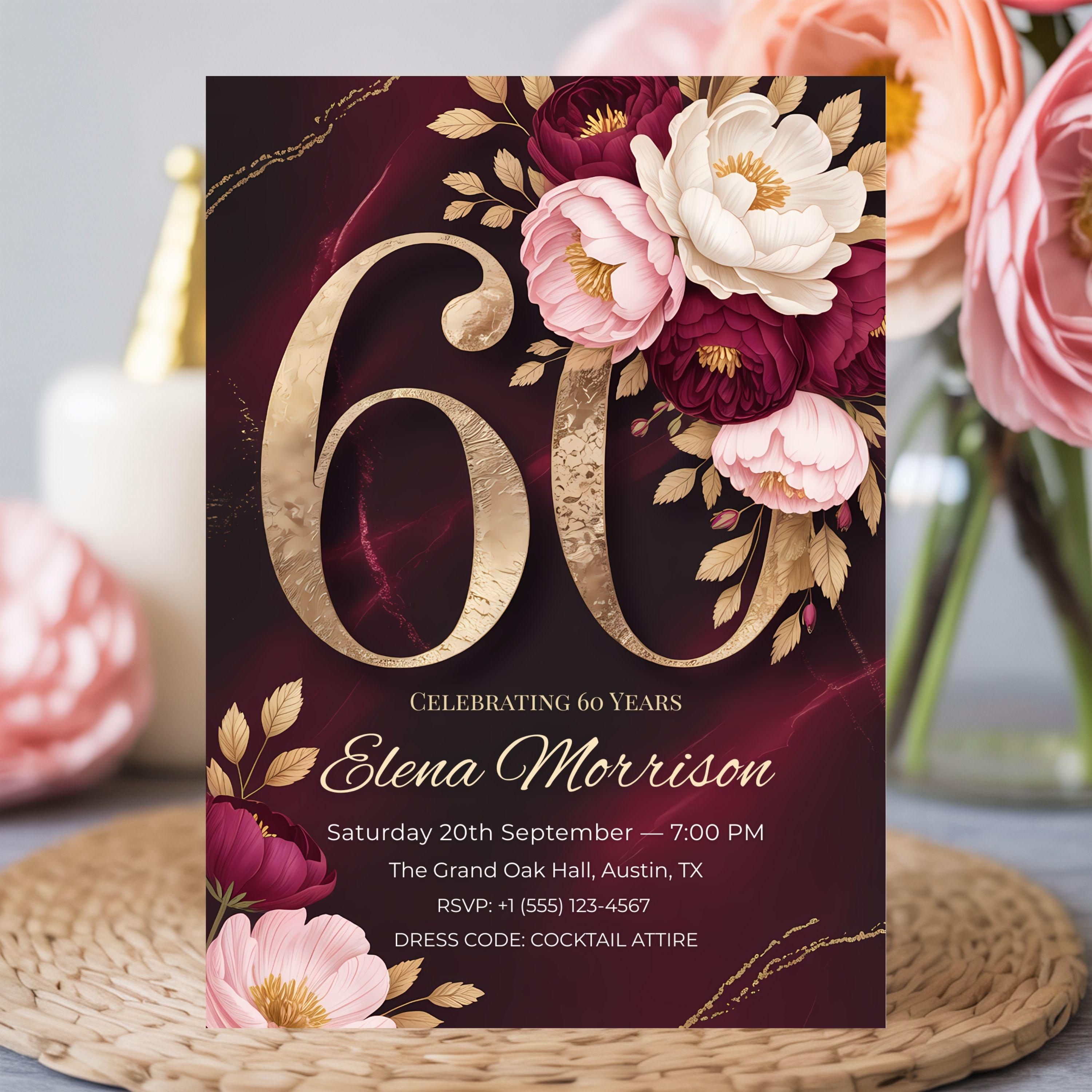 Luxury Floral 60th Birthday Invitation: Elegant Burgundy & Gold