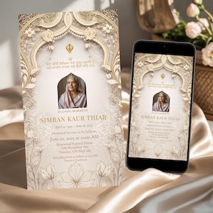 Könnte beinhalten: Eine Gedenkkarte und ein Smartphone mit einem ähnlichen Design. Die Karte und der Telefonbildschirm zeigen ein Porträt einer Frau in einem verzierten, floral gemusterten Rahmen. Der Text enthält einen Namen, Daten und Servicedetails.